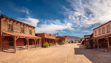 Obraz premium a tranquil view of an old western town under a beautiful sky showcasing rustic buildings and a dusty street