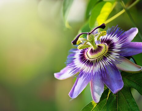 beautiful purple passion flower or passion vine passiflora incarnata blooming in the summer garden natural soft green background with copy space