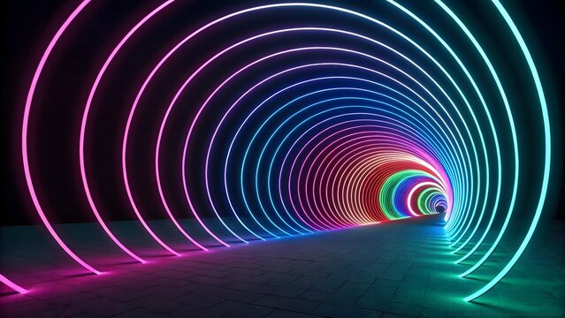 Vibrant circular neon lights create a glowing tunnel effect stretching into the darkness to produce a futuristic portal for modern abstract visual art