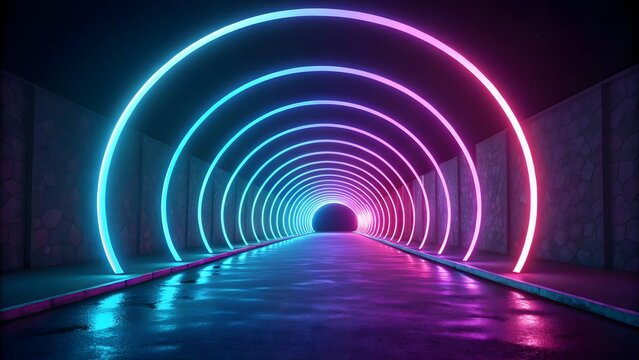 A mesmerizing futuristic tunnel illuminated by a vibrant gradient of neon arches creating an immersive digital pathway leading to an unknown destination.