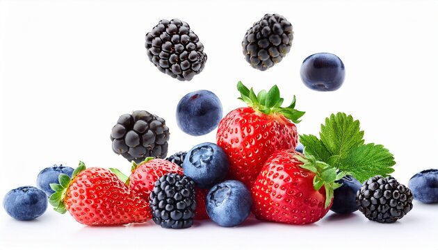 falling berries mix strawberry blueberry blackberry isolated on white background