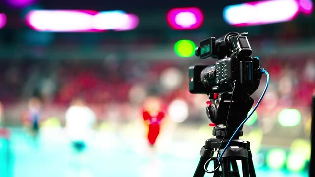 Professional video camera on tripod capturing sports action in a vibrant arena with blurred athletes in the background