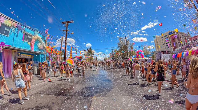 Vibrant Pride Parade celebration on a sunny city street with colorful confetti falling, diverse crowd dancing, festive atmosphere, LGBTQ rights festival, summer outdoor party, urban social event
