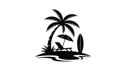 Fototapeta premium Tropical island silhouette with palm tree beach chair and surfboard.