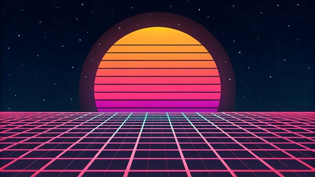 Vibrant retro synthwave landscape featuring a glowing orange neon sun setting over a digital grid perspective under a dark starry cosmic night sky background