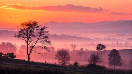 Naklejka premium Lone tree standing on a misty grassy hill during a vibrant orange and pink sunrise with distant mountain silhouettes under a beautiful sky