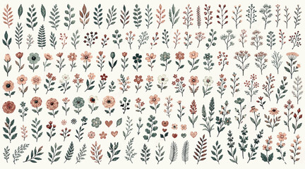 Obraz premium Mixed Botanical Toolkit Pack. Folk Floral SVG Vector Set with Cute Botanical Clipart, Colorful Leaves, Flowers, Sprigs and Decorative Spring Nature Elements, mixed botanical toolkit