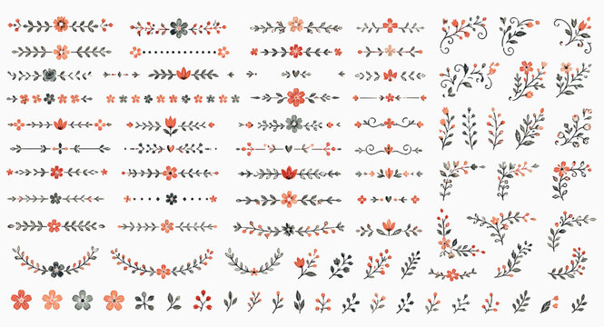 Mini Floral Border Elements Pack. Folk Floral SVG Vector Set with Cute Botanical Clipart, Colorful Leaves, Flowers, Sprigs and Decorative Spring Nature Elements, mini floral borders