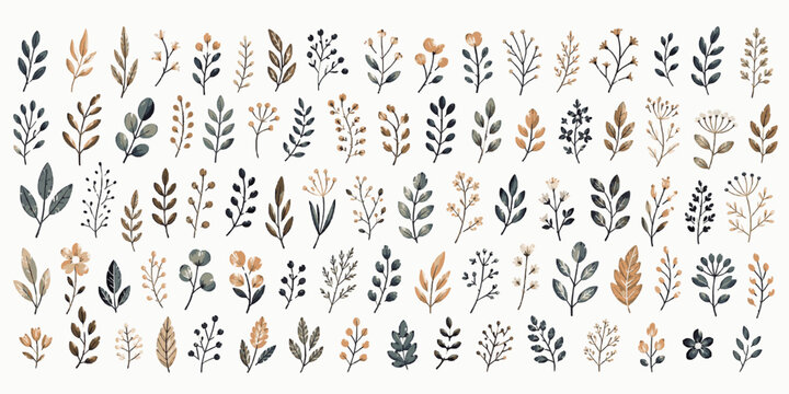 Scandinavian Leaf Pack. Folk Floral SVG Vector Set with Cute Botanical Clipart, Colorful Leaves, Flowers, Sprigs and Decorative Spring Nature Elements, scandinavian leaves