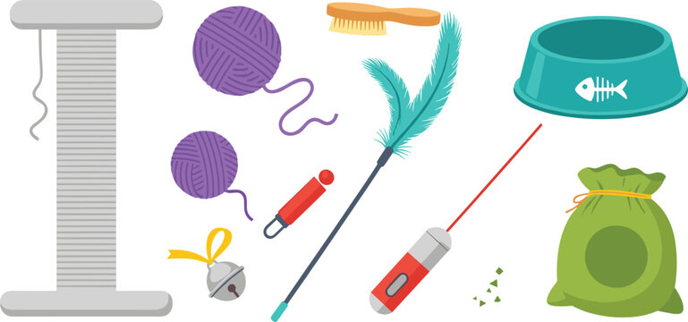 Set of Essential Cat Toy and Accessory Illustrations Featuring Scratching Post Yarn Balls Feather Wand Laser Pointer and Food Bowl for Pet Care and Feline Supplies Graphic Designs