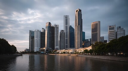 Fototapeta premium Modern urban skyline reflected in calm water under a dramatic cloudy twilight sky