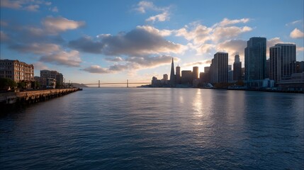 Obraz premium Dramatic view of a modern city skyline rising above the water during a vivid sunrise or sunset