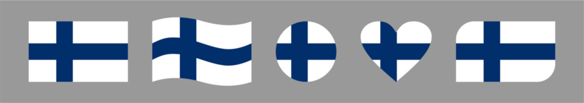 Set of five creative Finland flag vector designs featuring wavy, circular, heart-shaped, rounded-corner, and rectangular styles, symbolizing national pride and patriotic celebration