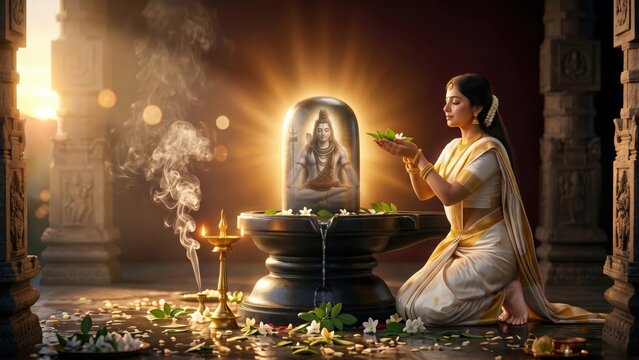 Parvati Offering Bilva Leaves to Shivalingam &ndash; Devotion