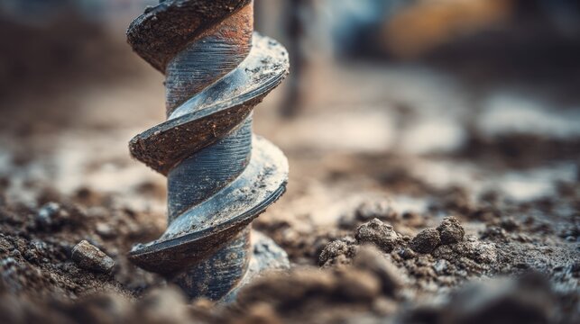 Close-up of a heavy-duty industrial auger drill bit boring into soil at a construction site