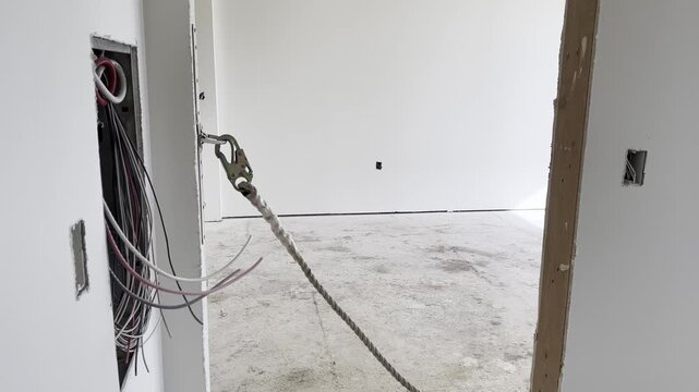 Interior renovation with exposed wiring and a hooked safety cable for work in a new building.