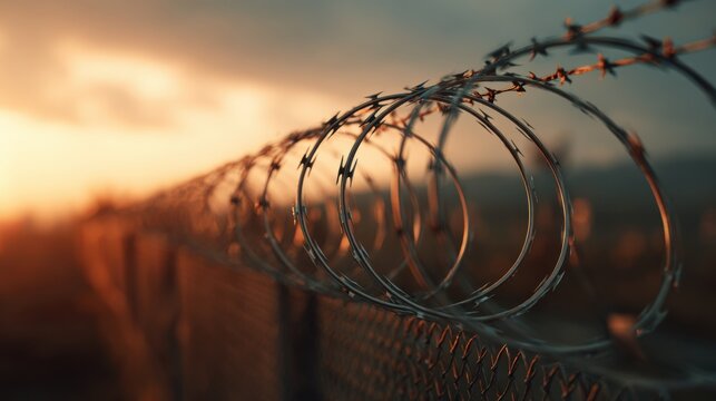Razor wire security fence against a sunset sky