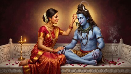 Obraz premium Parvati Applying Tilak to Shiva – Divine Ritual