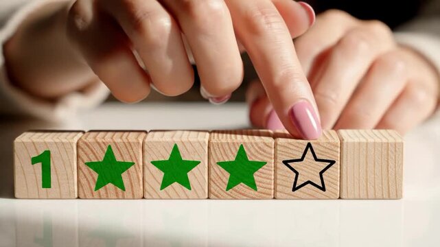 Person placing fifth star on wooden blocks for rating