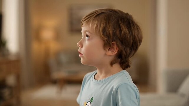 A young boy stands alone in a blurred living room video