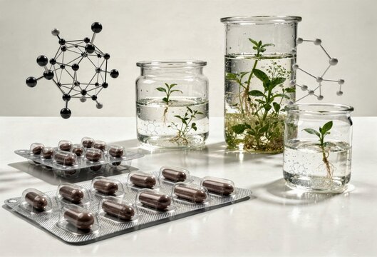Innovative synthesis of biomolecular structures illustrating plant growth in aqueous solutions complemented by pharmaceutical capsules reflecting interdisciplinary scientific exploration