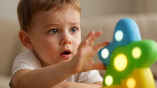 A young boy playing with a colorful toy in a video