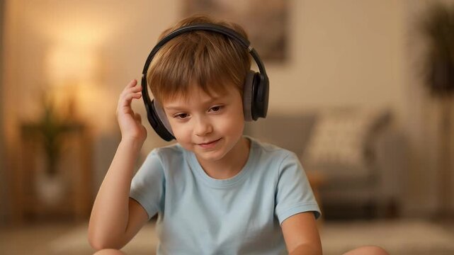 A young boy enjoying music with headphones in a cozy living room video