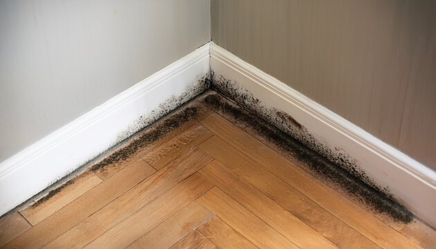black mold growing on damp interior wall above wooden floor corner