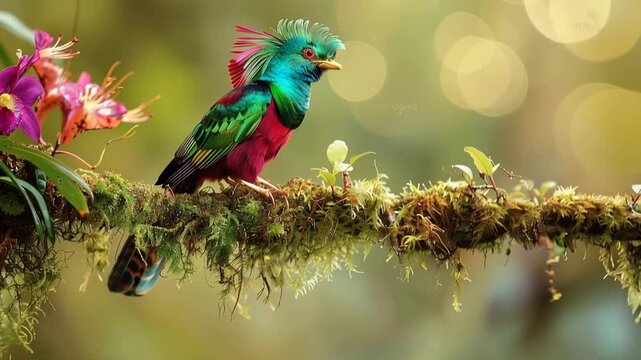 Slow motion close-up of vibrant rainbow lorikeet perched on mossy branch in lush garden 4K video