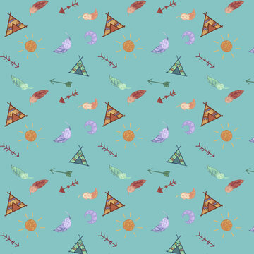 seamless pattern, teepee pattern, tribal pattern, boho pattern, native pattern, arrow pattern, feather pattern, teal background, turquoise pattern, aztec pattern, western pattern, camping pattern, wil