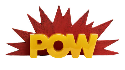 Yellow 3D POW text with red comic book explosion, isolated on transparent background © Eoin