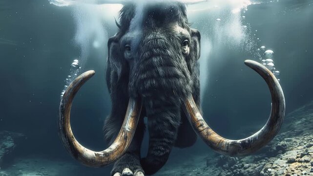 Underwater 4K footage of woolly mammoth swimming in deep blue ocean, cinematic slow motion