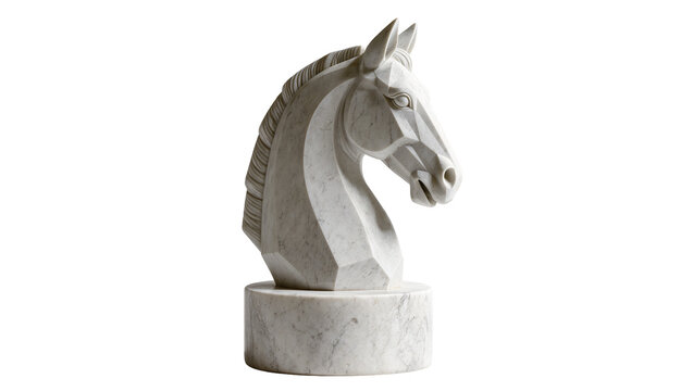 Geometric marble chess knight sculpture, isolated on transparent background