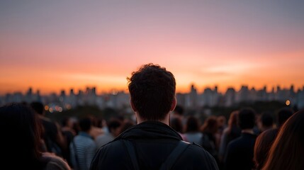 Naklejka na ściany i meble A diverse group of people stand together observing the expansive city skyline bathed in the beautiful hues of dawn or dusk
