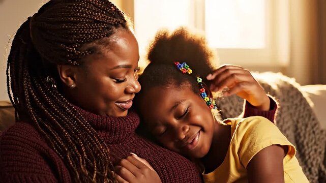 A tender moment between a mother and a daughter littledaon a couch