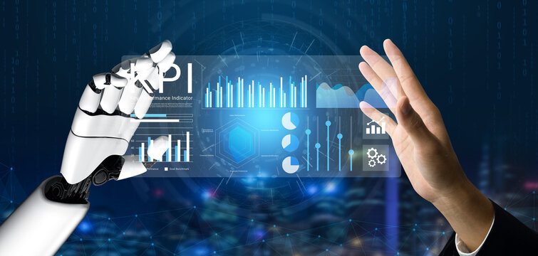 A captivating image showcasing the interaction between a robotic hand and a human hand, displaying a digital interface filled with analytics and data. The concept highlights innovation. Gantry