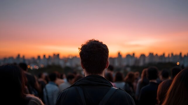 A diverse group of people stand together observing the expansive city skyline bathed in the beautiful hues of dawn or dusk