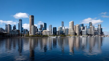 Obraz premium A stunning view of a modern metropolitan skyline reflected perfectly in calm blue water under a bright sky