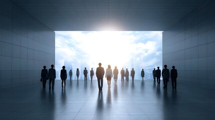Fototapeta premium A group of professionals walks together toward a bright illuminated opening at the end of a modern architectural hall