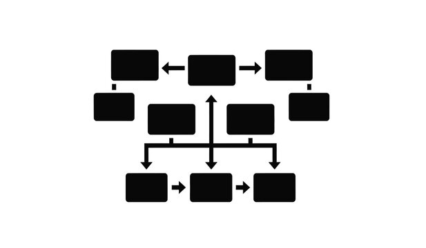 A stark black and white diagram depicts a process flow with rectangular boxes and directional arrows showcasing connections and sequence silhouette high quality professional