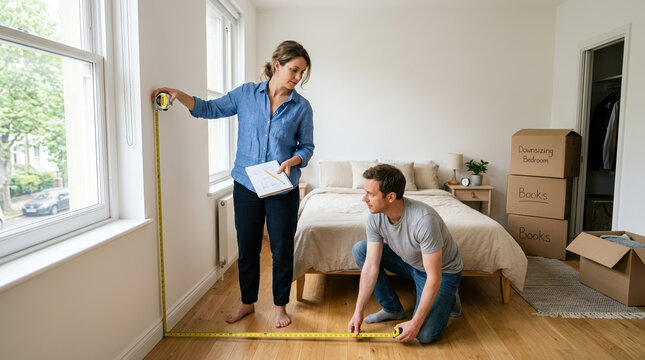 Couple measuring bedroom for downsizing. Man and woman using tape measure in new home. Planning home renovation and relocation concept
