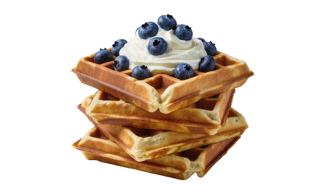 Stack of golden waffles topped with whipped cream and fresh blueberries, isolated on transparent background