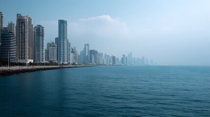 Obraz premium A vast view of a modern city skyline stretching along a calm hazy coastal waterfront