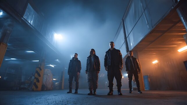 A group of men stand together in a dramatically lit foggy industrial warehouse