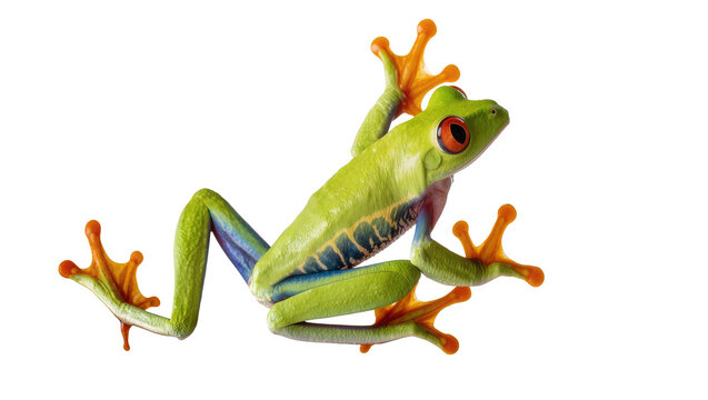 Vibrant green red-eyed tree frog with orange toes, isolated on transparent background