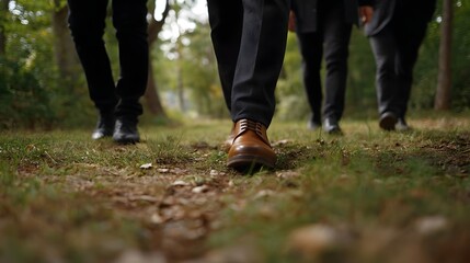 Obraz premium A group of professionals walking together down a natural woodland path symbolizing a journey of collabo n and shared goals
