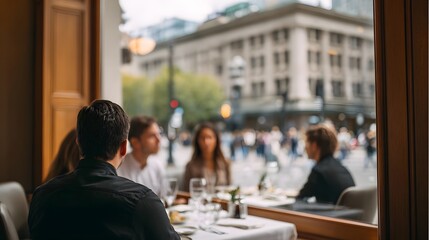 Fototapeta premium A group of friends conversing at a cafe table while enjoying a window view of the bustling urban cityscape