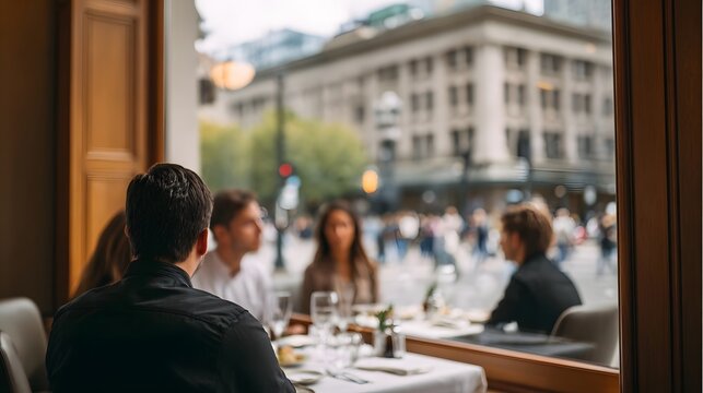 A group of friends conversing at a cafe table while enjoying a window view of the bustling urban cityscape