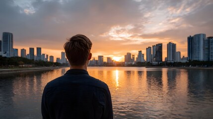 Fototapeta premium A solitary figure contemplates the expansive modern city skyline reflected in the calm water during a dramatic sunset