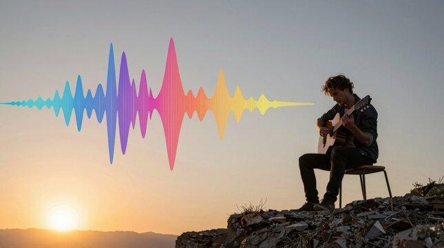 Solo Musician Playing Guitar at Sunset with Colorful Sound Wave